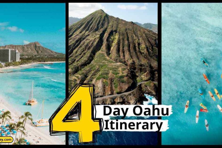 Oahu 4-Day Itinerary collage featuring scenic views of a beach, a mountainous landscape, and an aerial view of kayakers.