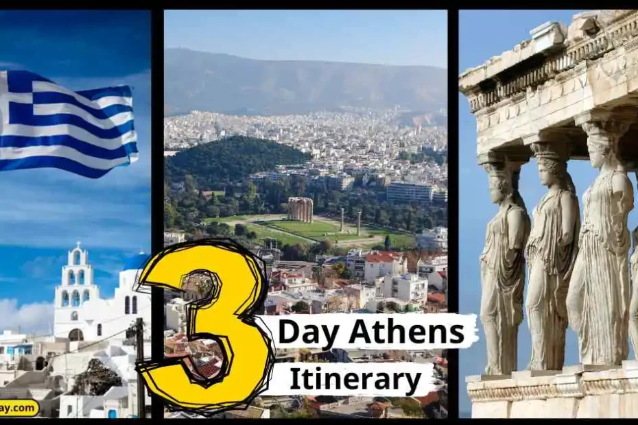 Explore Greece: A 3-day Athens day itinerary highlighting the Greek flag, scenic views, and ancient architecture.