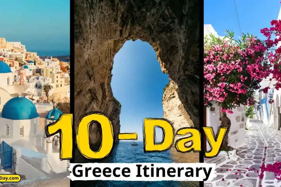 A Greece itinerary collage: scenes of Santorini’s blue domes, a rocky coastal arch, and a flower-lined street.