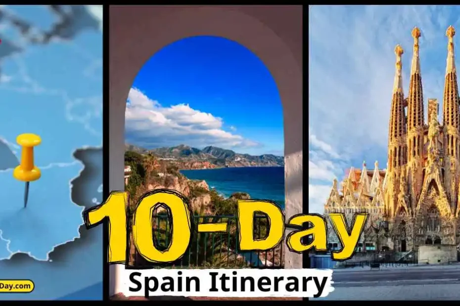 Collage for a 10-day Spain itinerary featuring a map with a pin, scenic coastal view through an archway, and the Sagrada Familia in Barcelona.