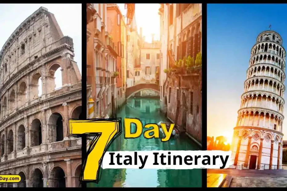 Promotional banner for a 7-day Italy itinerary featuring images of the Colosseum, a Venetian canal, and the Leaning Tower of Pisa with the Italian flag.