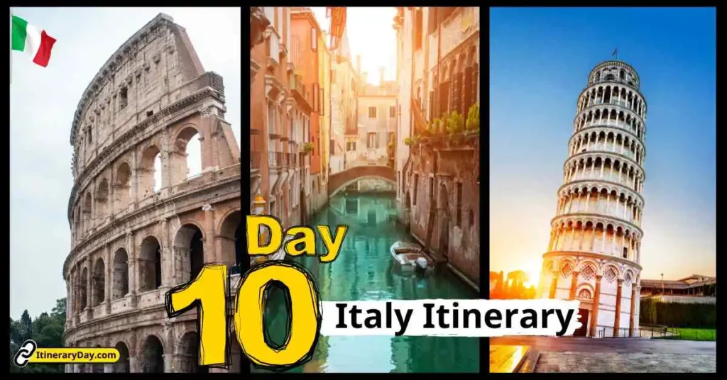 Day 10 of an Italy 10-Day Itinerary featuring iconic landmarks: the Colosseum, Venetian canal, and Leaning Tower of Pisa.