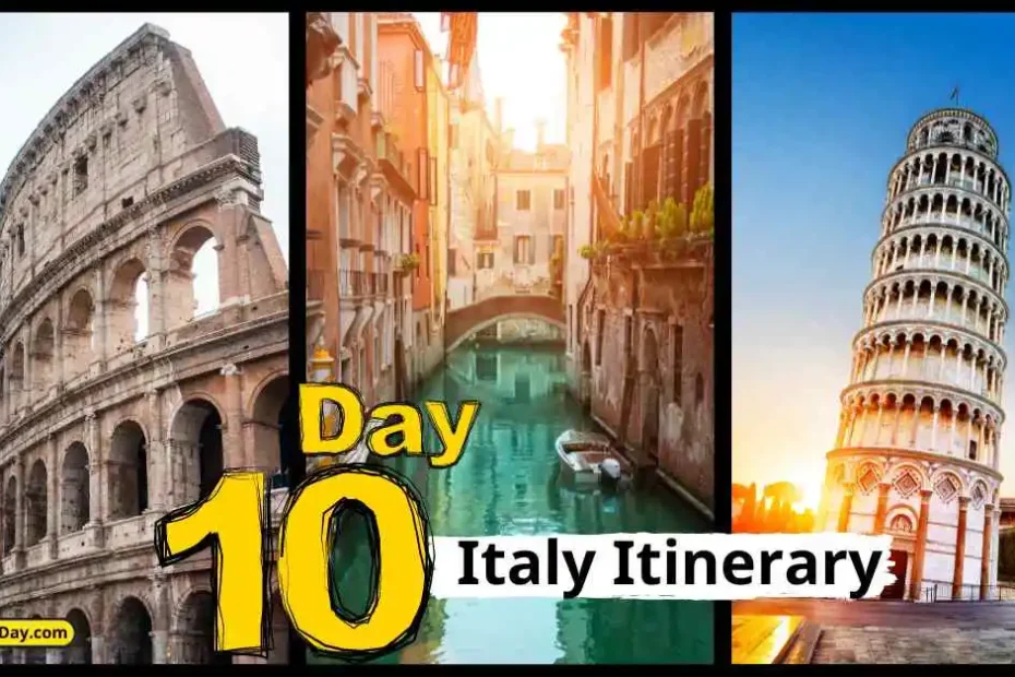 Day 10 of an Italy 10-Day Itinerary featuring iconic landmarks: the Colosseum, Venetian canal, and Leaning Tower of Pisa.